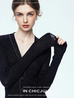 chicjuly Starry Lurex Beaded V-neck Exposed Collarbone Short Slim Women's Wool Cardigans