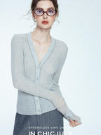 chicjuly Starry Lurex Beaded V-neck Exposed Collarbone Short Slim Women's Wool Cardigans