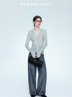 chicjuly Starry Lurex Beaded V-neck Exposed Collarbone Short Slim Women's Wool Cardigans