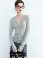 chicjuly Starry Lurex Beaded V-neck Exposed Collarbone Short Slim Women's Wool Cardigans