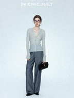chicjuly Starry Lurex Beaded V-neck Exposed Collarbone Short Slim Women's Wool Cardigans