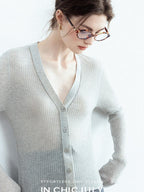 chicjuly Starry Lurex Beaded V-neck Exposed Collarbone Short Slim Women's Wool Cardigans