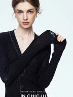 chicjuly Starry Lurex Beaded V-neck Exposed Collarbone Short Slim Women's Wool Cardigans