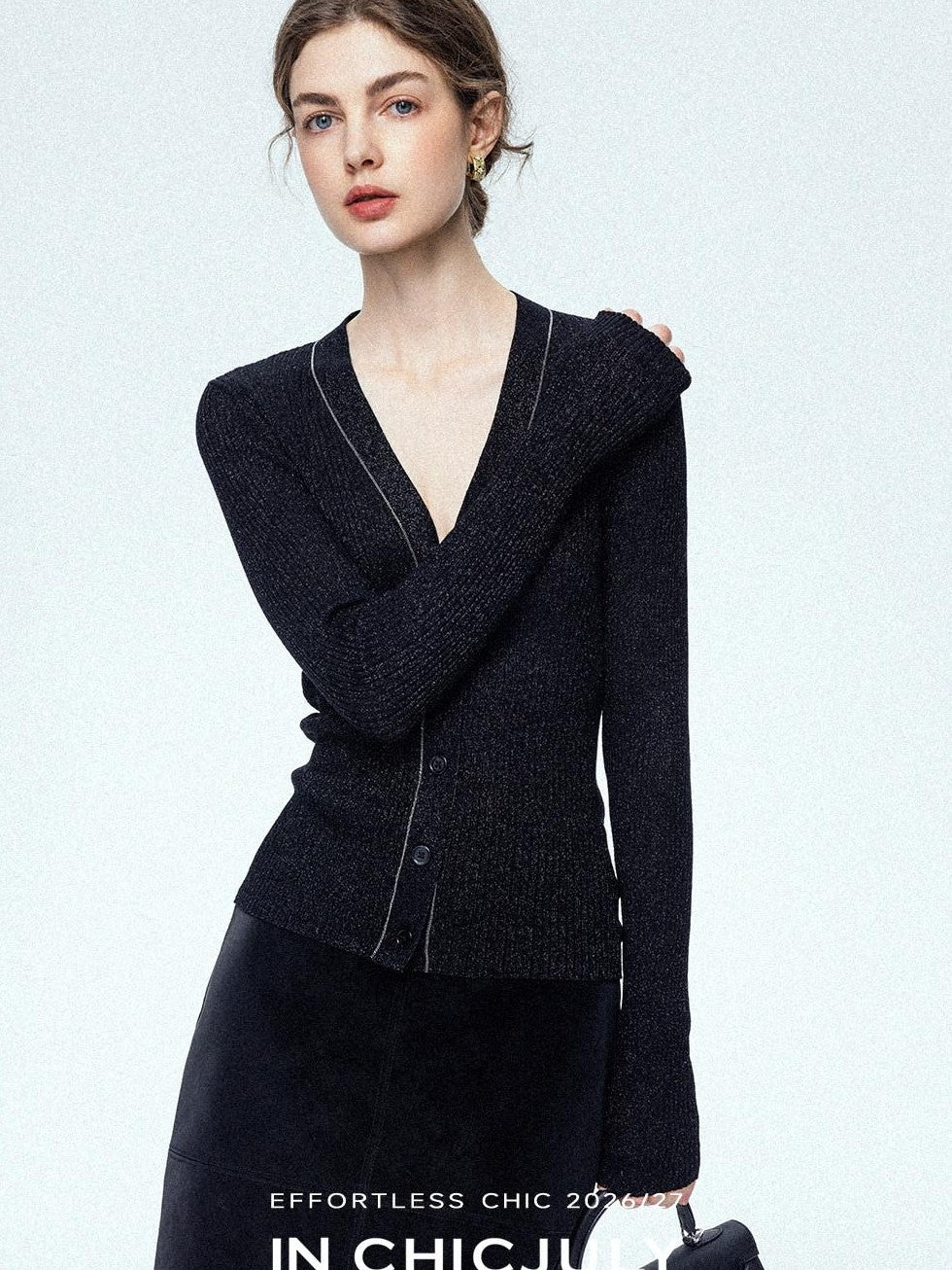 chicjuly Starry Lurex Beaded V-neck Exposed Collarbone Short Slim Women's Wool Cardigans