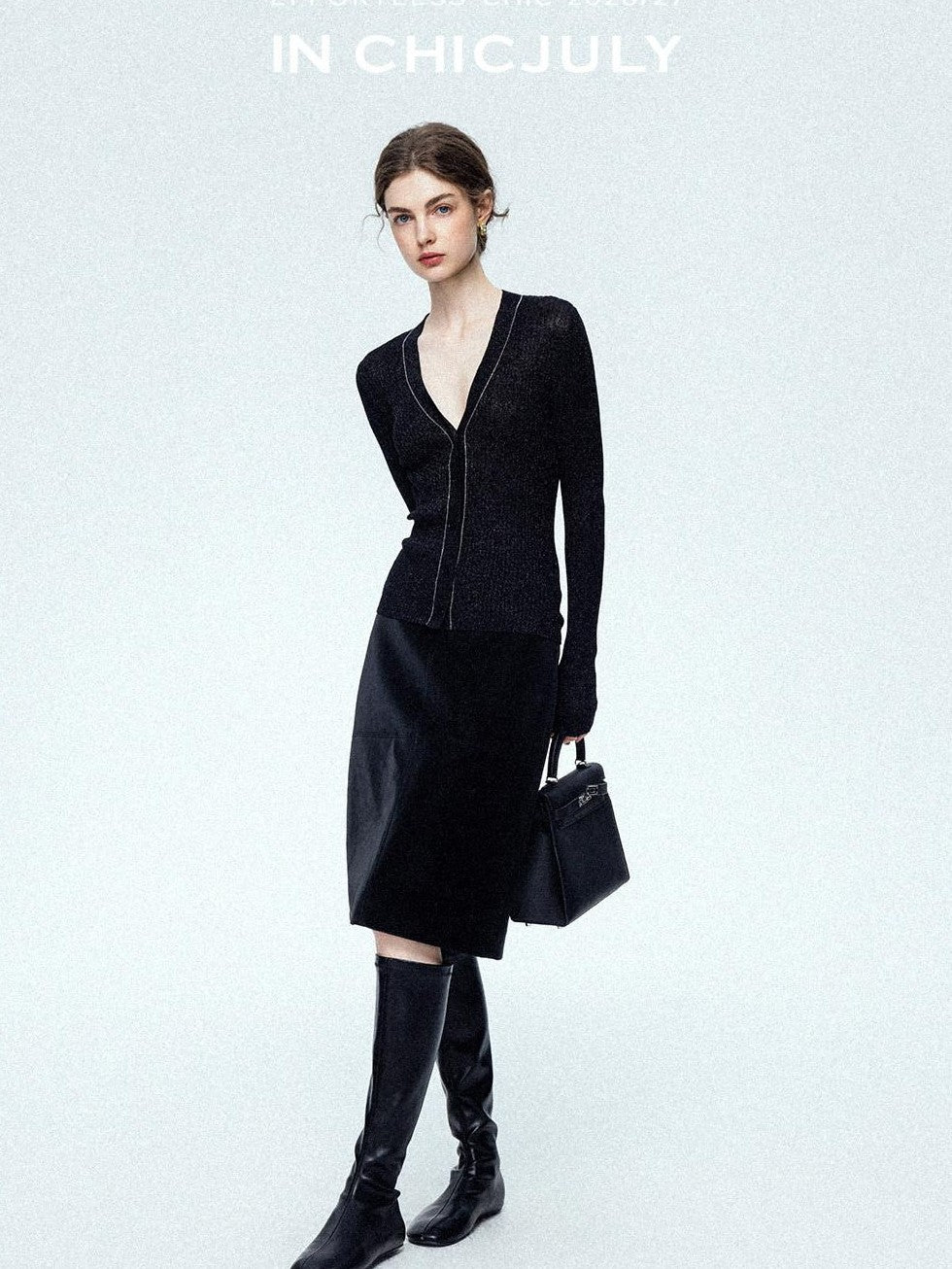 chicjuly Starry Lurex Beaded V-neck Exposed Collarbone Short Slim Women's Wool Cardigans
