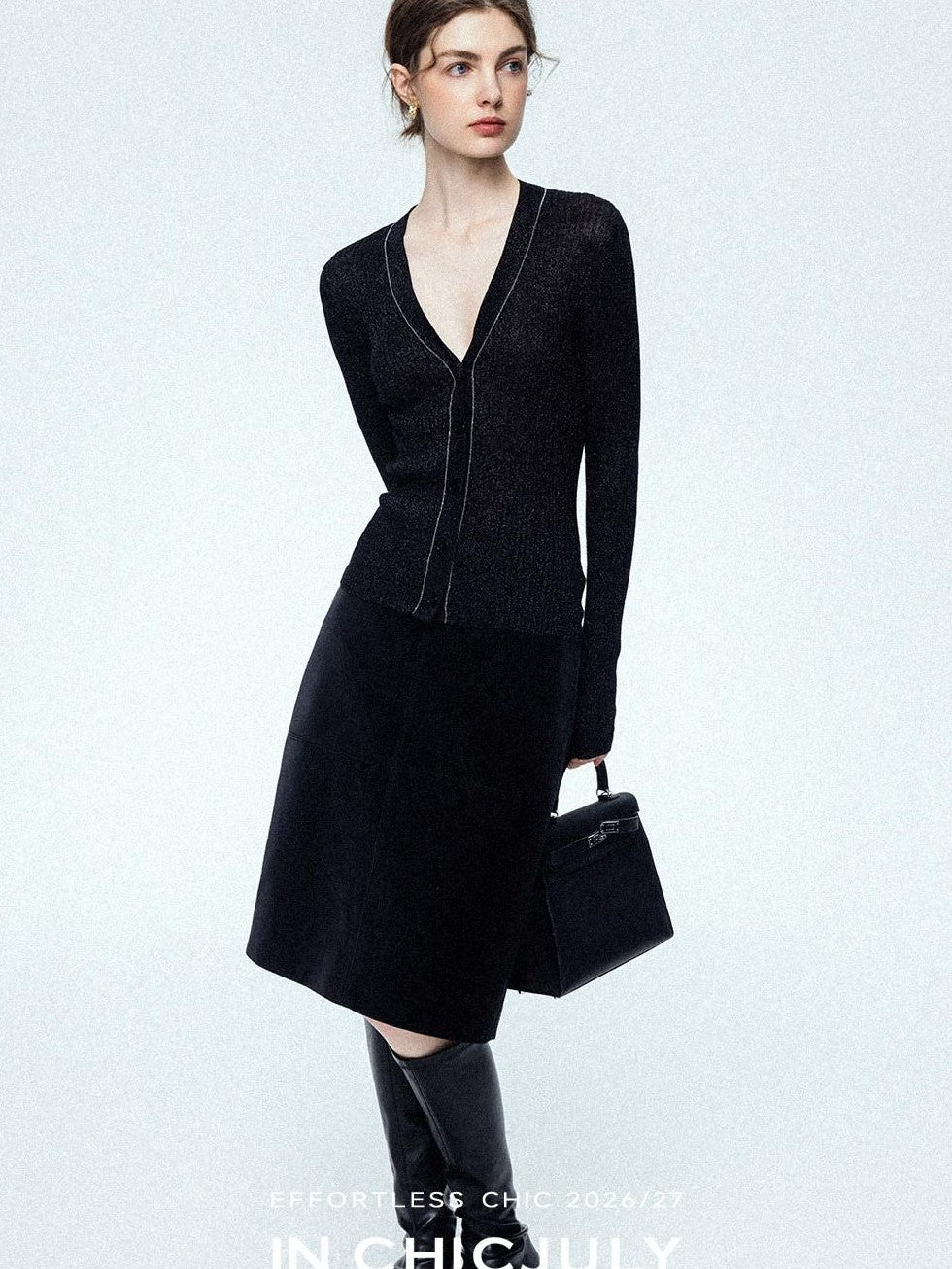 chicjuly Starry Lurex Beaded V-neck Exposed Collarbone Short Slim Women's Wool Cardigans