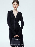 chicjuly Starry Lurex Beaded V-neck Exposed Collarbone Short Slim Women's Wool Cardigans
