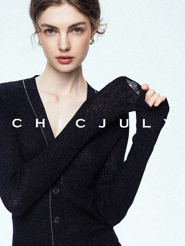 chicjuly Starry Lurex Beaded V-neck Exposed Collarbone Short Slim Women's Wool Cardigans