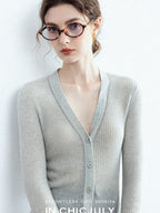 chicjuly Starry Lurex Beaded V-neck Exposed Collarbone Short Slim Women's Wool Cardigans