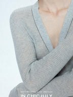 chicjuly Starry Lurex Beaded V-neck Exposed Collarbone Short Slim Women's Wool Cardigans