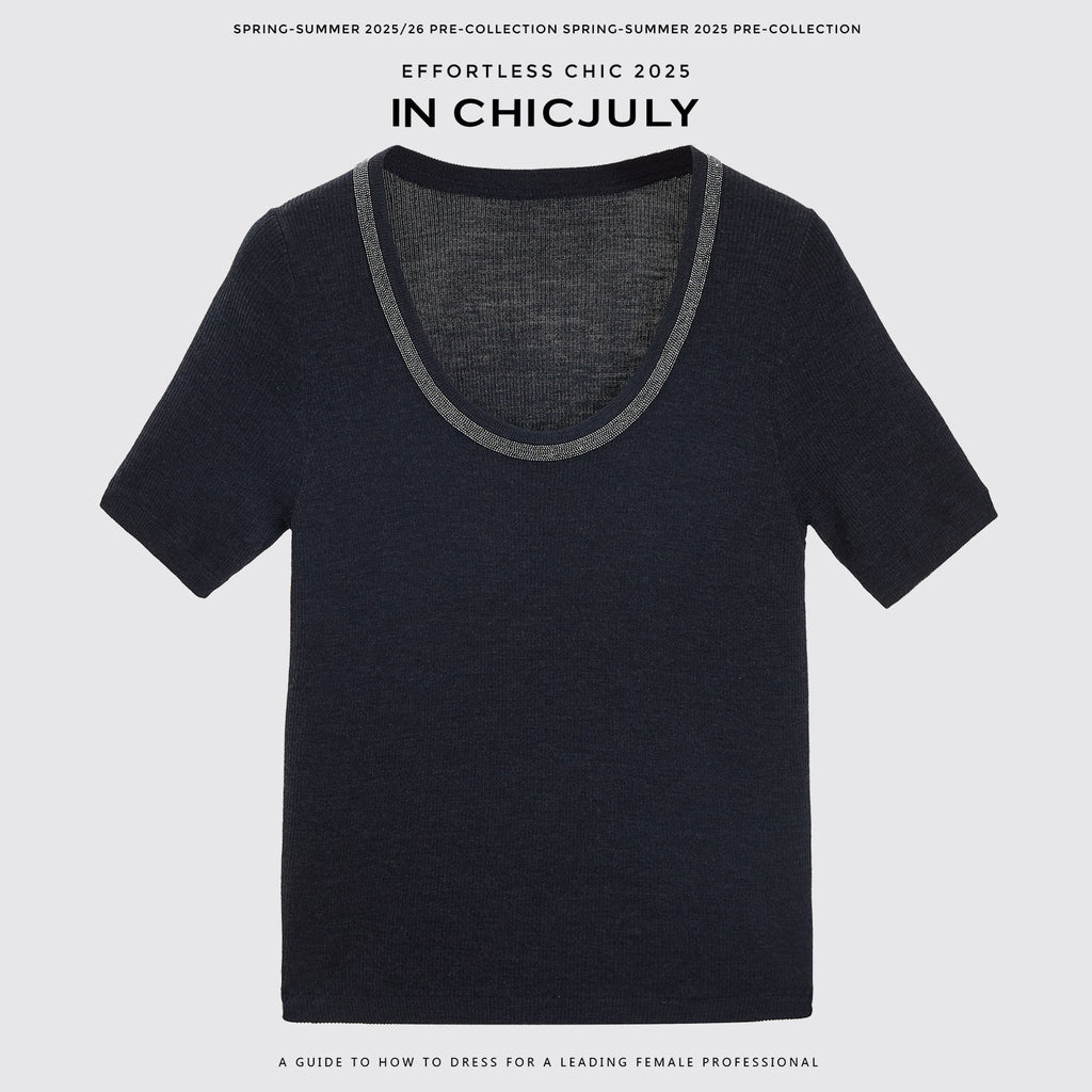 chicjuly Starry Night Jeweled U Neck Knit Women's Silk Wool Blend Short Sleeve T-shirts 935667123610