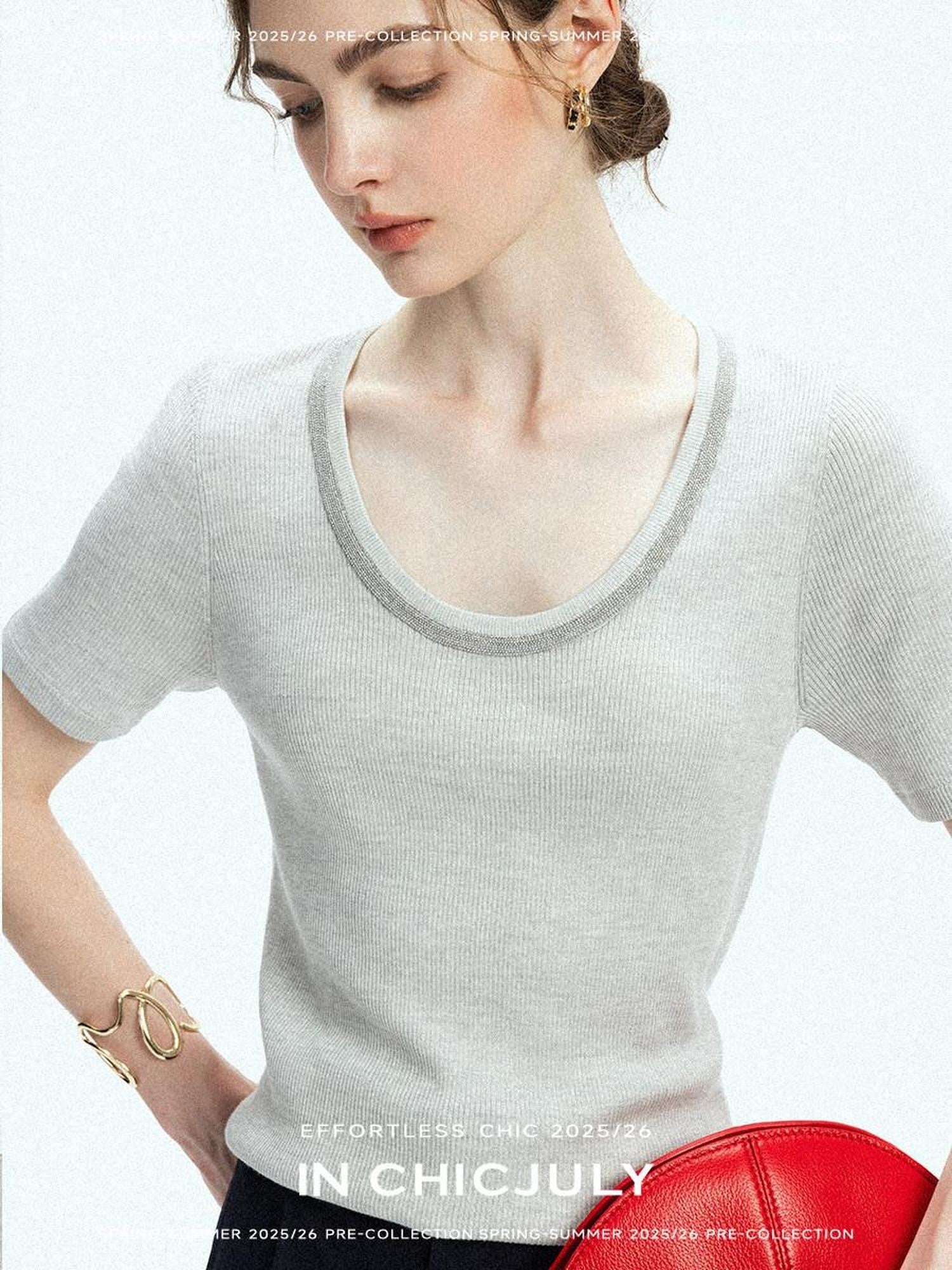 chicjuly Starry Night Jeweled U Neck Knit Women's Silk Wool Blend Short Sleeve T-shirts