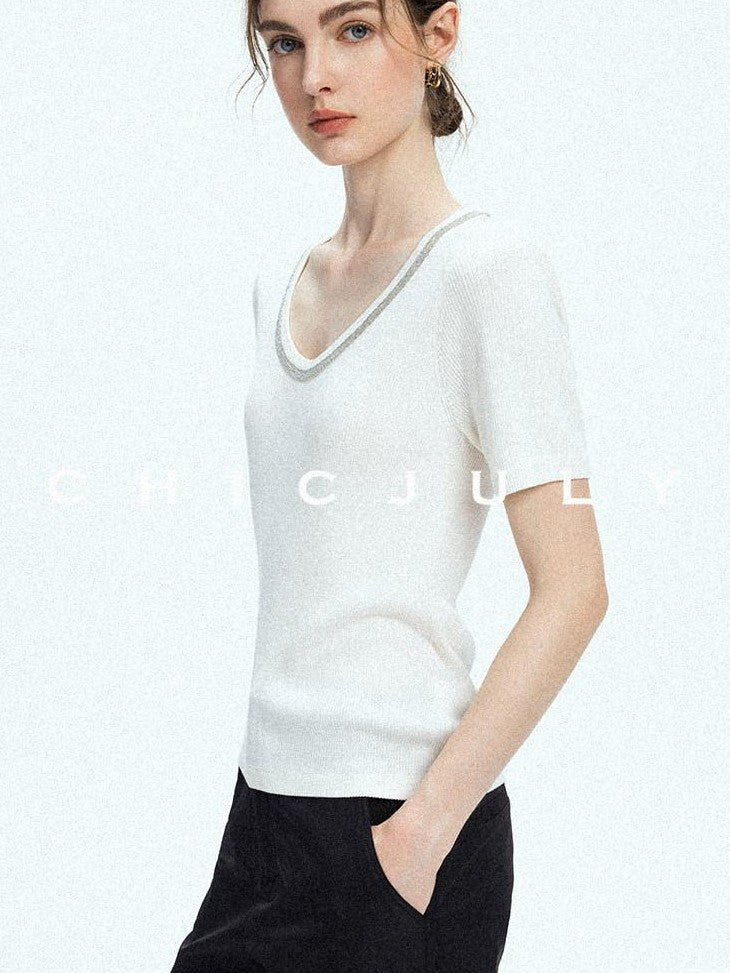 chicjuly Starry Night Jeweled U Neck Knit Women's Silk Wool Blend Short Sleeve T-shirts