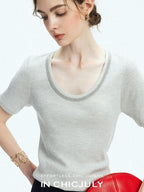 chicjuly Starry Night Jeweled U Neck Knit Women's Silk Wool Blend Short Sleeve T-shirts