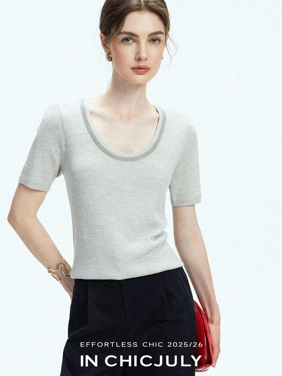 chicjuly Starry Night Jeweled U Neck Knit Women's Silk Wool Blend Short Sleeve T-shirts