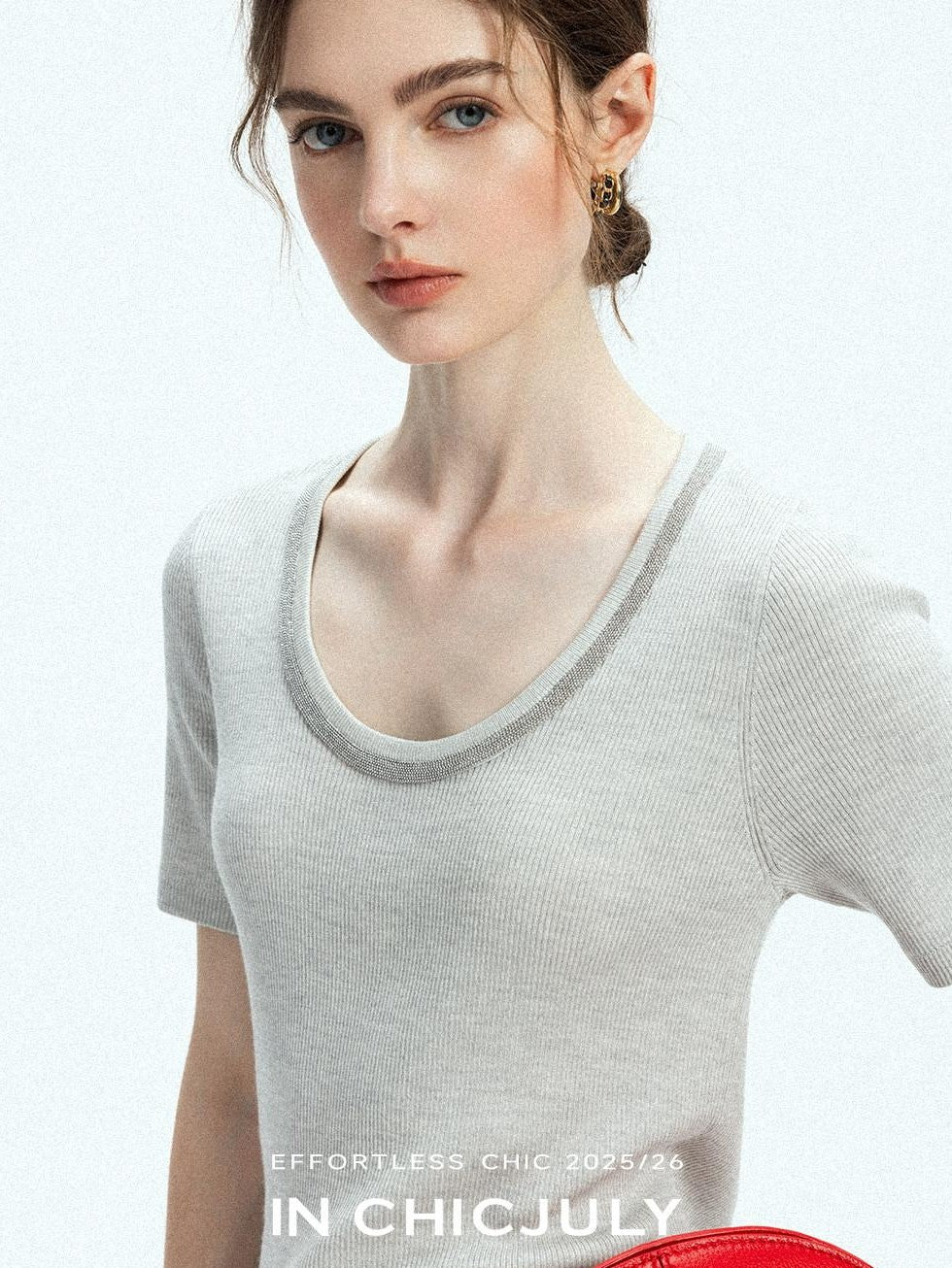 chicjuly Starry Night Jeweled U Neck Knit Women's Silk Wool Blend Short Sleeve T-shirts