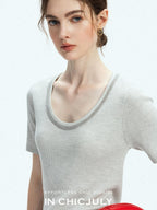 chicjuly Starry Night Jeweled U Neck Knit Women's Silk Wool Blend Short Sleeve T-shirts
