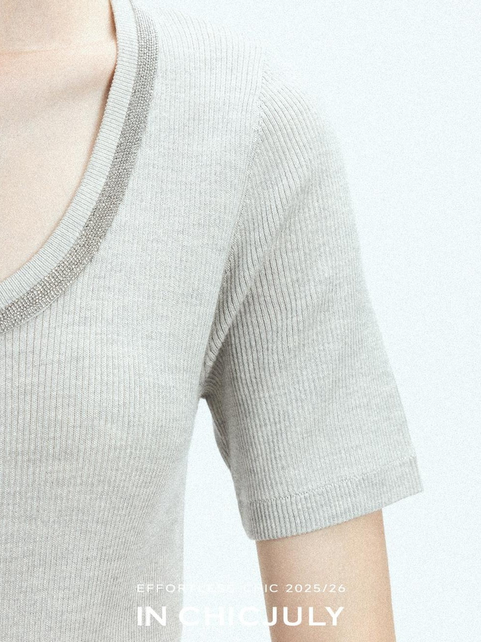 chicjuly Starry Night Jeweled U Neck Knit Women's Silk Wool Blend Short Sleeve T-shirts