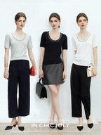 chicjuly Starry Night Jeweled U Neck Knit Women's Silk Wool Blend Short Sleeve T-shirts