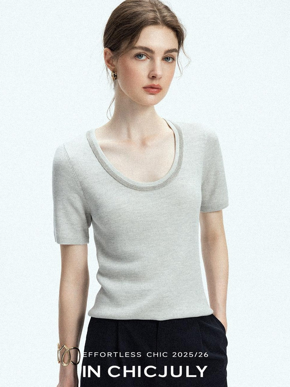 chicjuly Starry Night Jeweled U Neck Knit Women's Silk Wool Blend Short Sleeve T-shirts