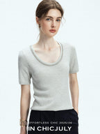 chicjuly Starry Night Jeweled U Neck Knit Women's Silk Wool Blend Short Sleeve T-shirts