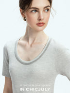 chicjuly Starry Night Jeweled U Neck Knit Women's Silk Wool Blend Short Sleeve T-shirts