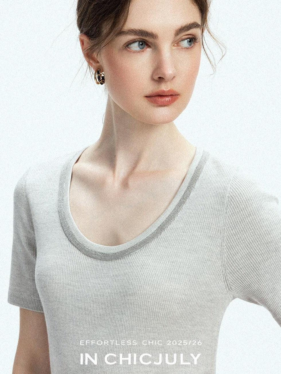 chicjuly Starry Night Jeweled U Neck Knit Women's Silk Wool Blend Short Sleeve T-shirts