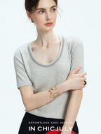 chicjuly Starry Night Jeweled U Neck Knit Women's Silk Wool Blend Short Sleeve T-shirts