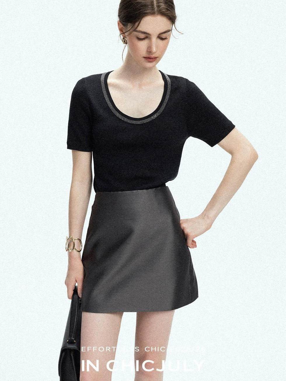 chicjuly Starry Night Jeweled U Neck Knit Women's Silk Wool Blend Short Sleeve T-shirts