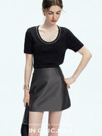 chicjuly Starry Night Jeweled U Neck Knit Women's Silk Wool Blend Short Sleeve T-shirts