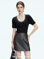 chicjuly Starry Night Jeweled U Neck Knit Women's Silk Wool Blend Short Sleeve T-shirts