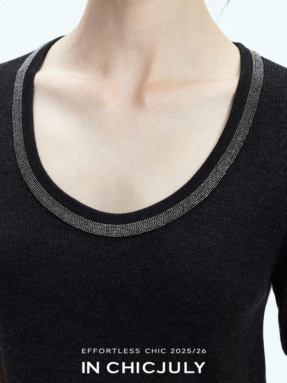 chicjuly Starry Night Jeweled U Neck Knit Women's Silk Wool Blend Short Sleeve T-shirts