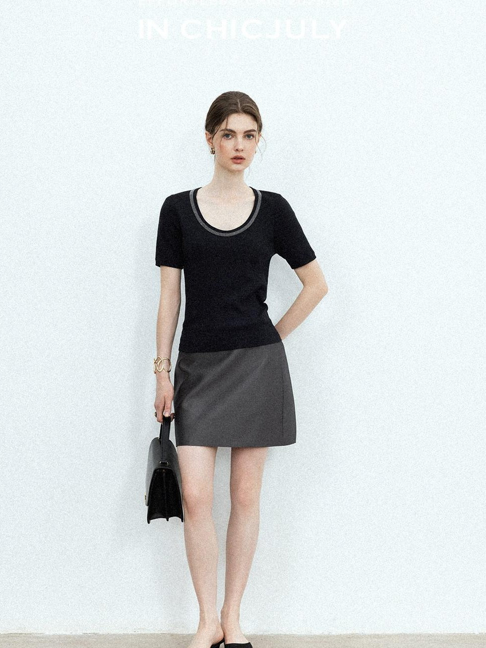 chicjuly Starry Night Jeweled U Neck Knit Women's Silk Wool Blend Short Sleeve T-shirts