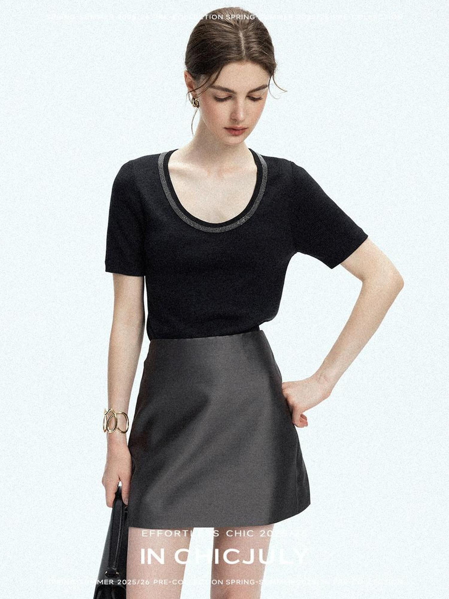 chicjuly Starry Night Jeweled U Neck Knit Women's Silk Wool Blend Short Sleeve T-shirts