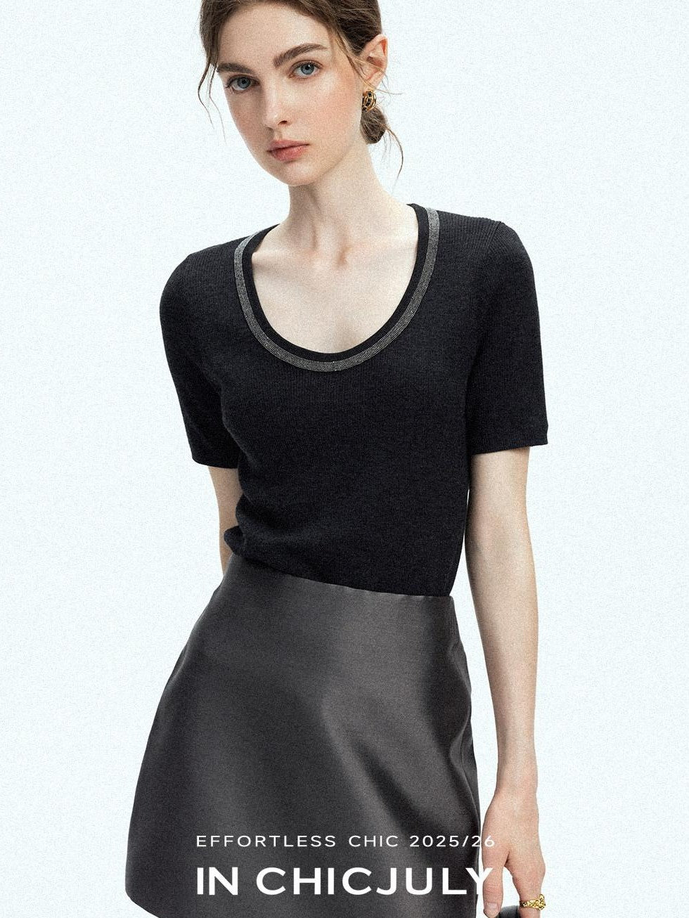 chicjuly Starry Night Jeweled U Neck Knit Women's Silk Wool Blend Short Sleeve T-shirts