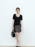 chicjuly Starry Night Jeweled U Neck Knit Women's Silk Wool Blend Short Sleeve T-shirts