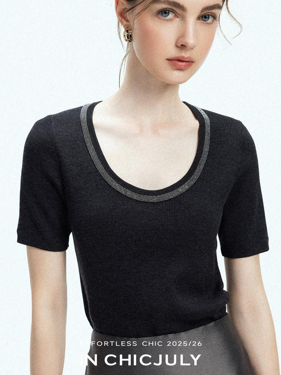 chicjuly Starry Night Jeweled U Neck Knit Women's Silk Wool Blend Short Sleeve T-shirts