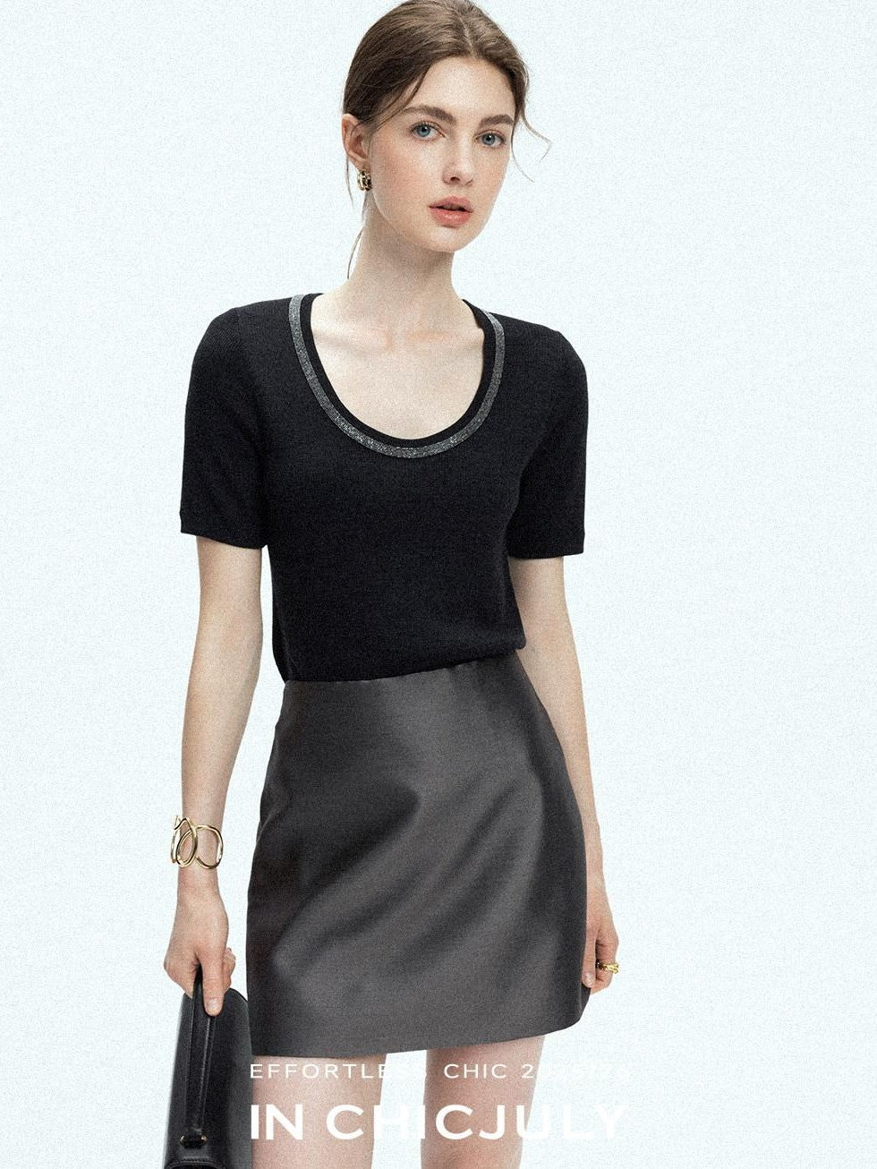 chicjuly Starry Night Jeweled U Neck Knit Women's Silk Wool Blend Short Sleeve T-shirts