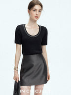 chicjuly Starry Night Jeweled U Neck Knit Women's Silk Wool Blend Short Sleeve T-shirts