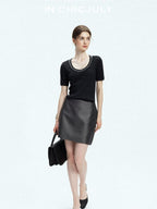 chicjuly Starry Night Jeweled U Neck Knit Women's Silk Wool Blend Short Sleeve T-shirts