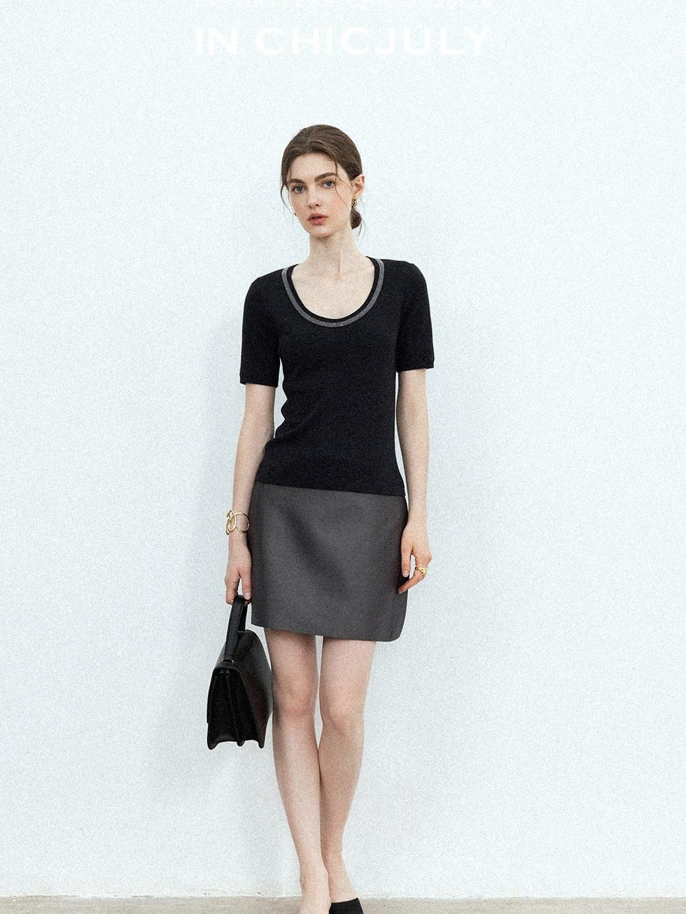 chicjuly Starry Night Jeweled U Neck Knit Women's Silk Wool Blend Short Sleeve T-shirts