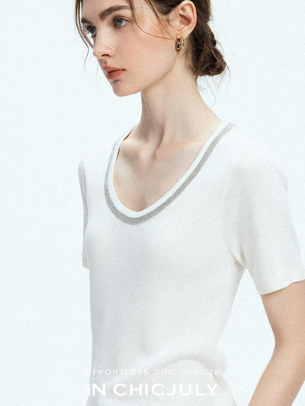chicjuly Starry Night Jeweled U Neck Knit Women's Silk Wool Blend Short Sleeve T-shirts