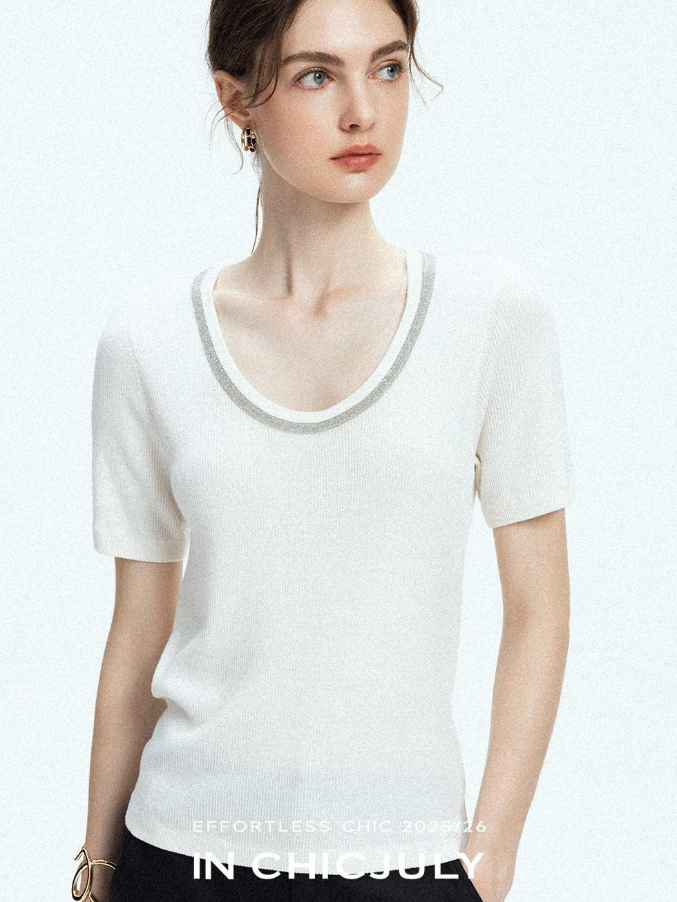 chicjuly Starry Night Jeweled U Neck Knit Women's Silk Wool Blend Short Sleeve T-shirts