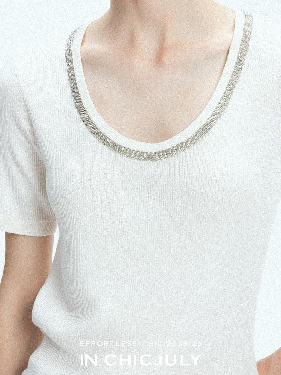 chicjuly Starry Night Jeweled U Neck Knit Women's Silk Wool Blend Short Sleeve T-shirts