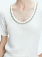 chicjuly Starry Night Jeweled U Neck Knit Women's Silk Wool Blend Short Sleeve T-shirts