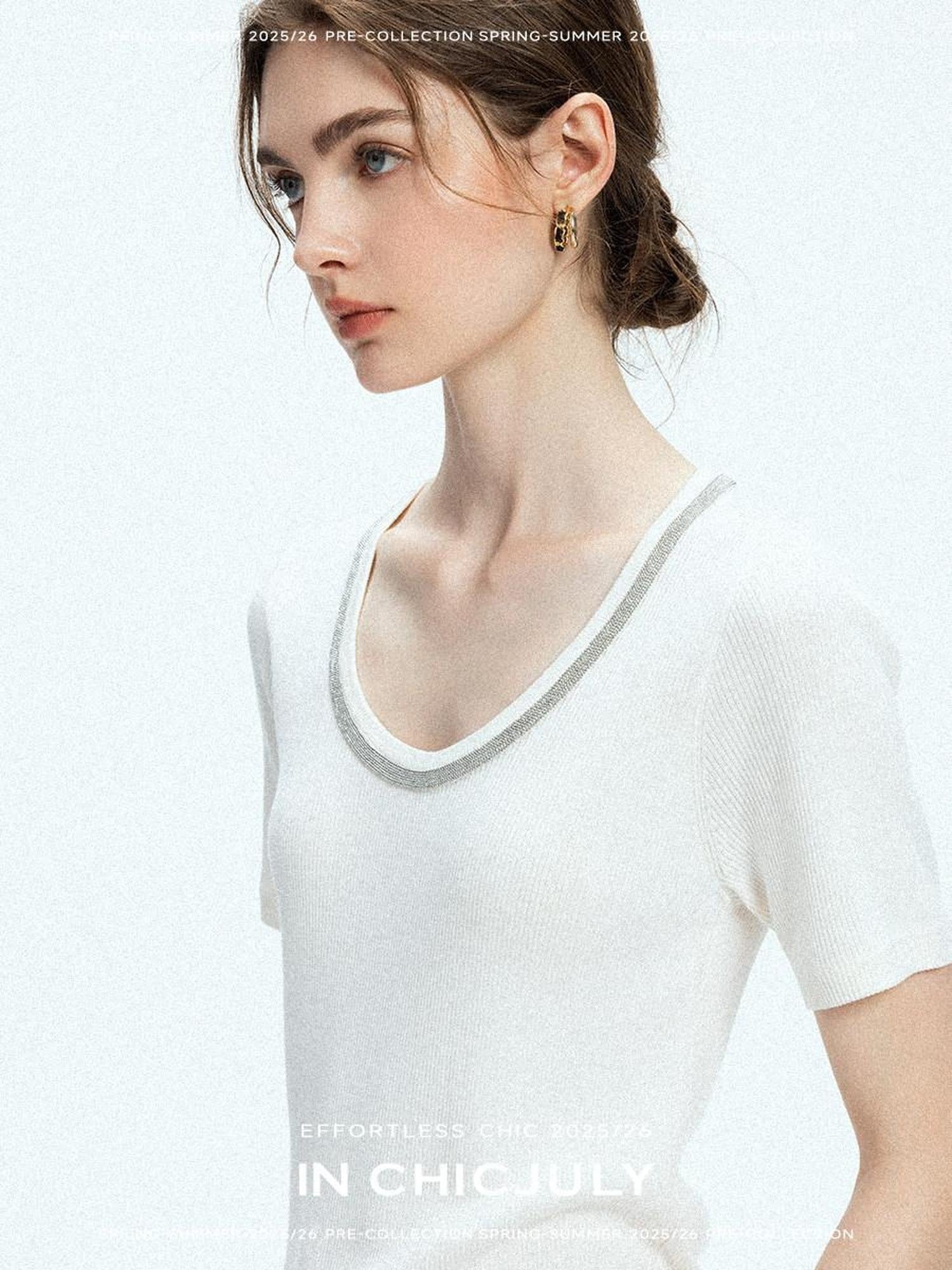 chicjuly Starry Night Jeweled U Neck Knit Women's Silk Wool Blend Short Sleeve T-shirts