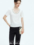 chicjuly Starry Night Jeweled U Neck Knit Women's Silk Wool Blend Short Sleeve T-shirts
