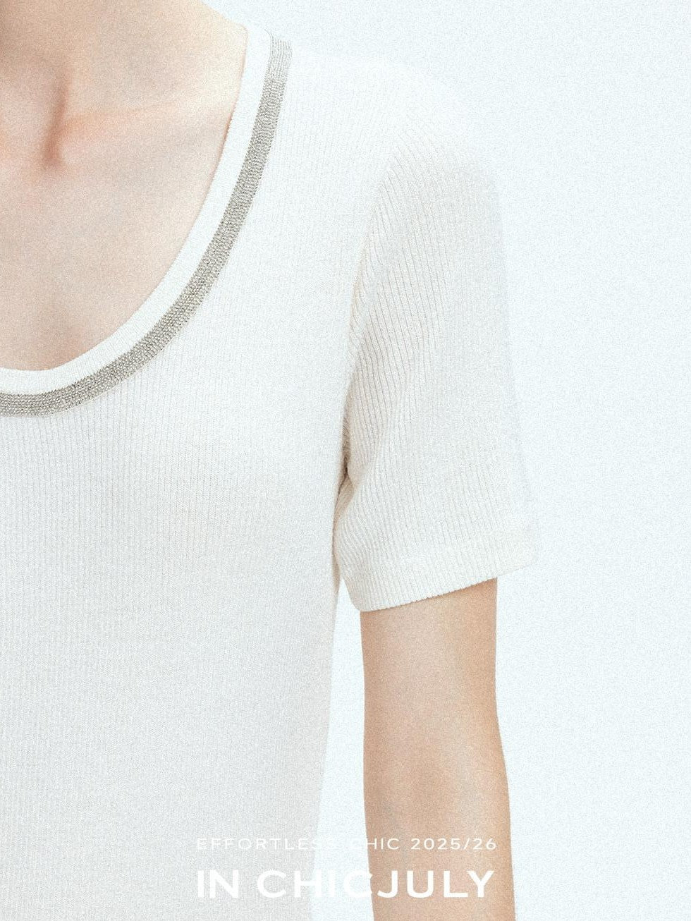 chicjuly Starry Night Jeweled U Neck Knit Women's Silk Wool Blend Short Sleeve T-shirts