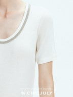 chicjuly Starry Night Jeweled U Neck Knit Women's Silk Wool Blend Short Sleeve T-shirts