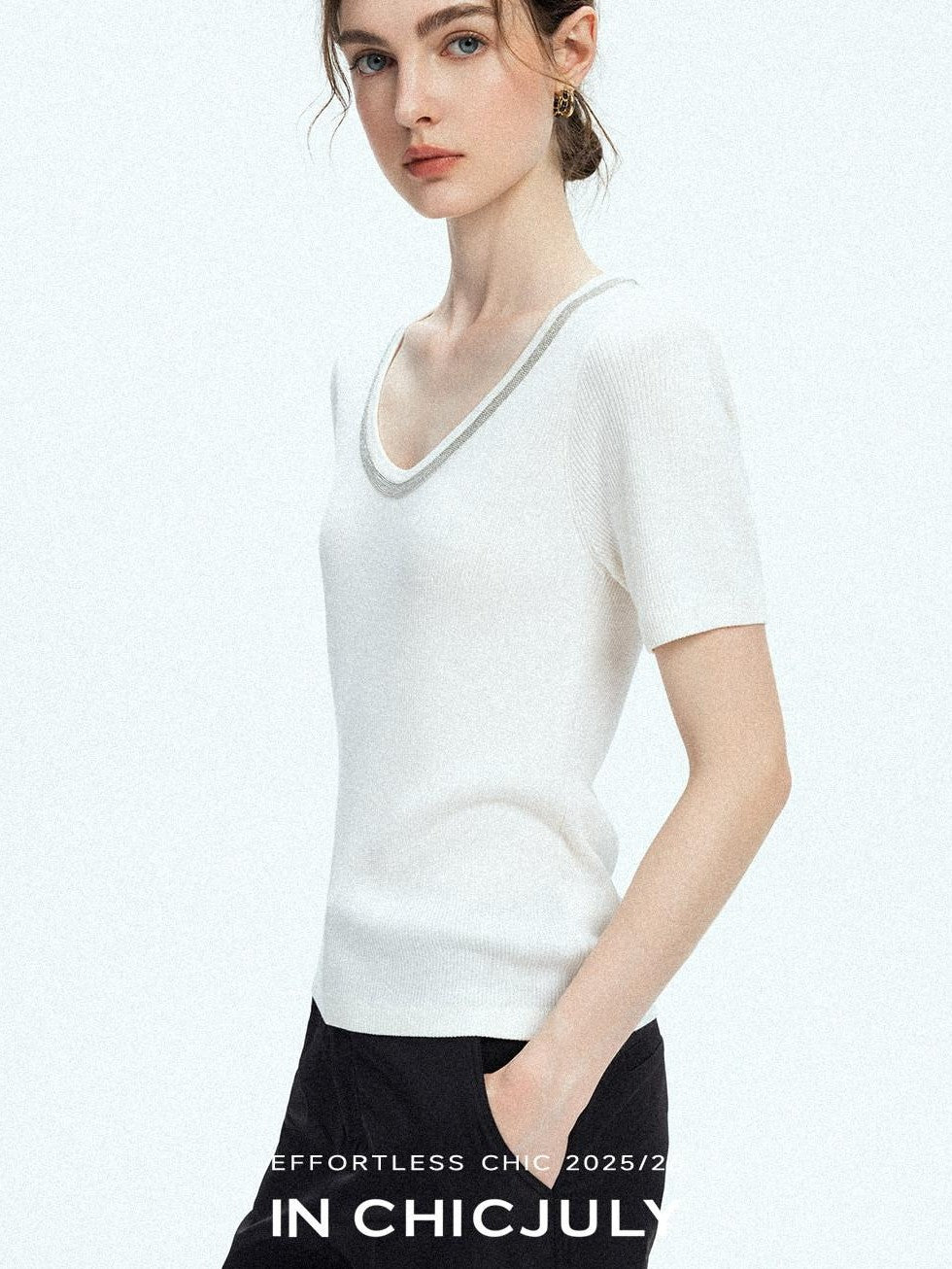 chicjuly Starry Night Jeweled U Neck Knit Women's Silk Wool Blend Short Sleeve T-shirts